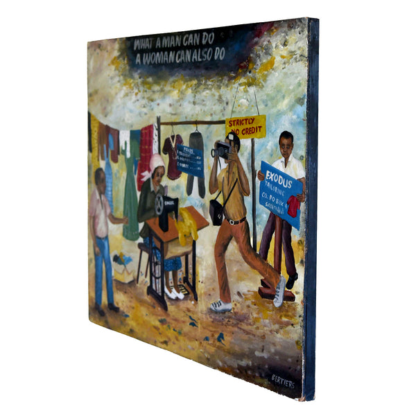 Joseph Bertiers "What a Man Can Do a Woman Can Also Do" Oil on Wood Painting