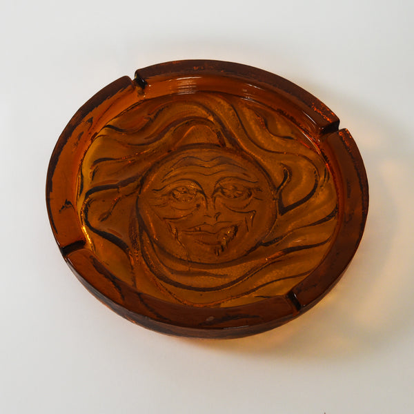 Vintage Blenko Extra Large Mid-Century Amber Glass Sun Face Cigar Dish